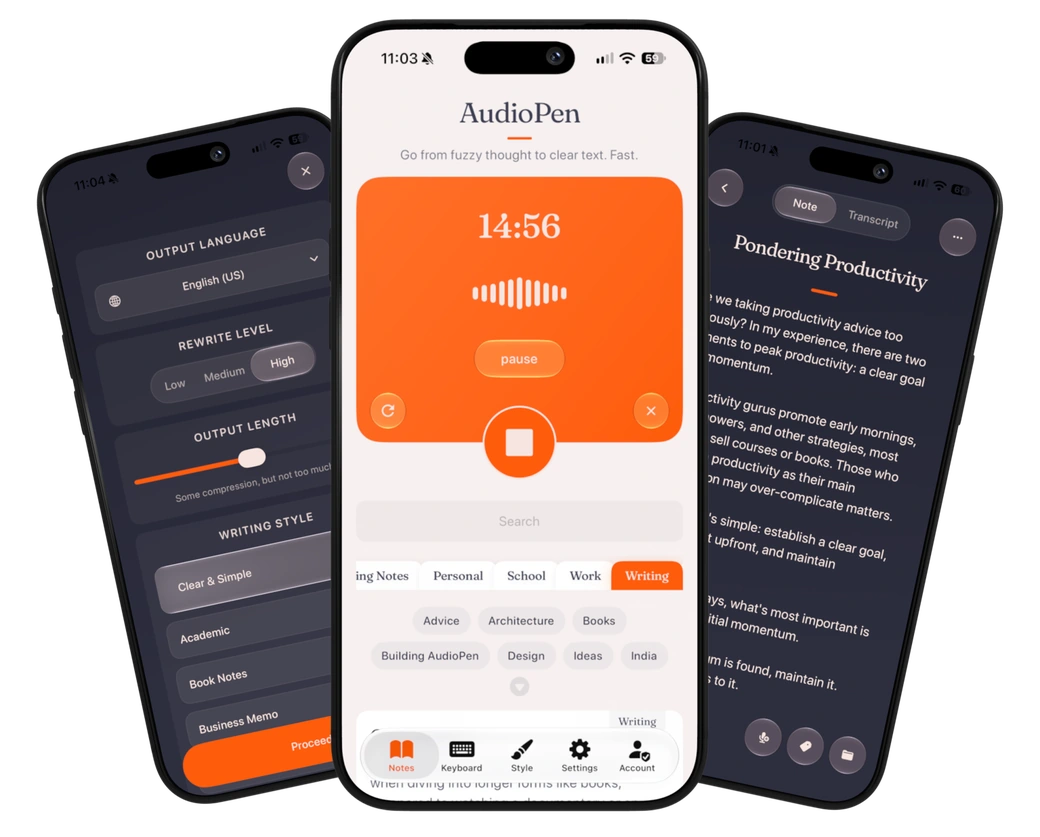 AudioPen on iPhone showing recording, style settings, and a finished note